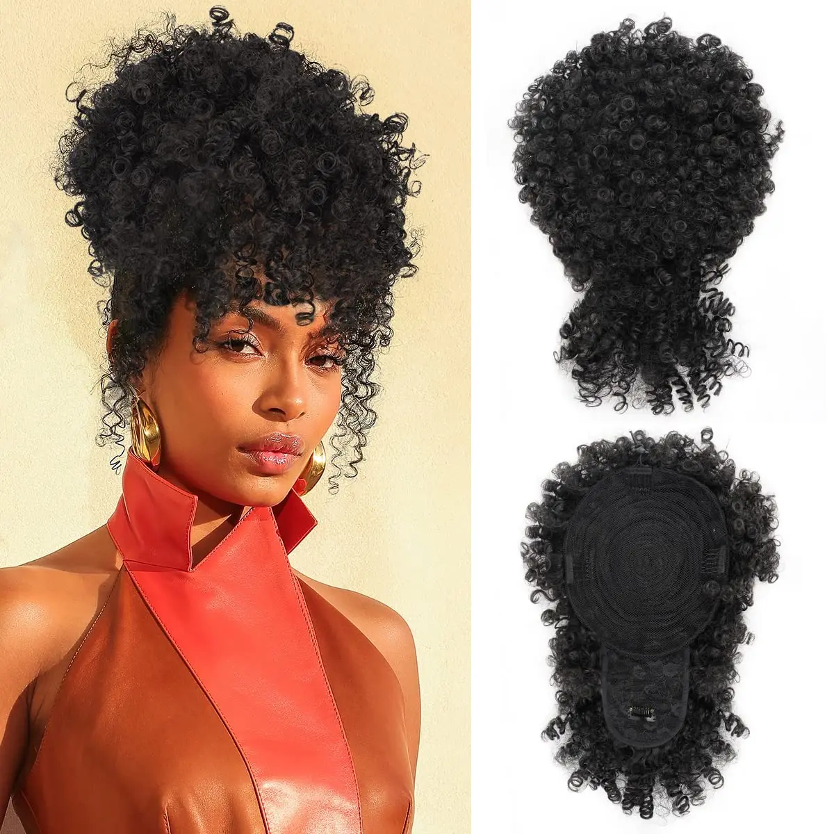 Afro Puff Drawstring Ponytail Synthetic Extensions With Bangs Updo Hair Short Kinky Curly Ponytail Bun Fake Fringe Kinky Curly