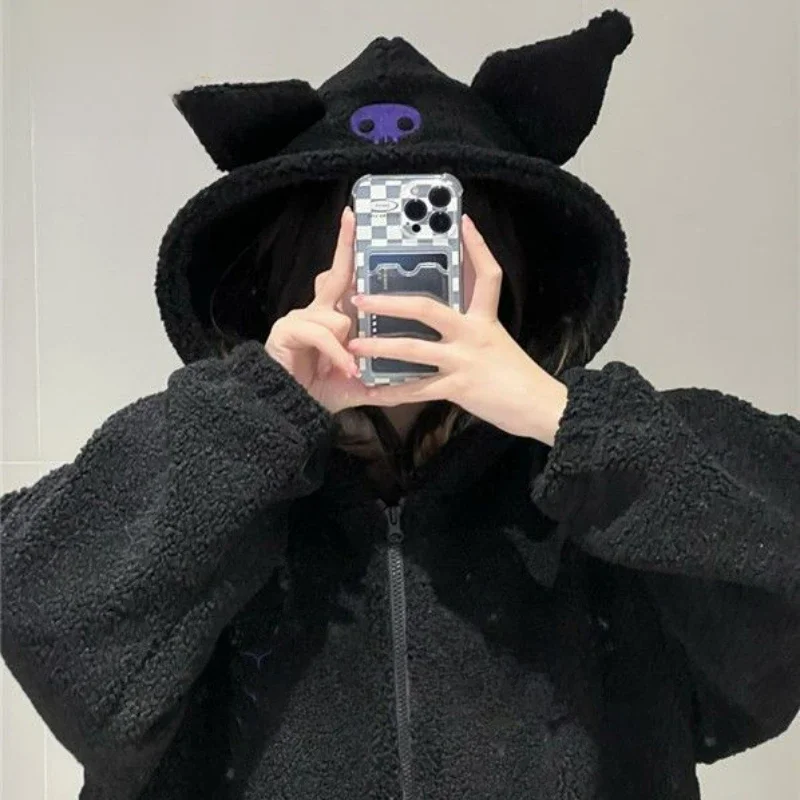 Sanrio Kuromi Hoodies Cartoon schwarze Stickerei dünnen Mantel Frauen y2k ästhetische Tops Herbst