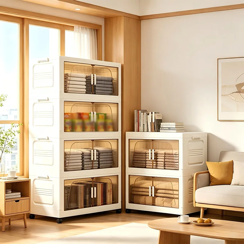 3/4/5 Tier 19.7in  Width Tea Transparent Double Door Foldable Storage Cabinet, 19.7 Inch Width Large Capacity Plastic Organizer With Wheels, Household Storage Bin For Clothes, Books, Snacks, Suitable For Bedroom Closet, Living Room, Entryway