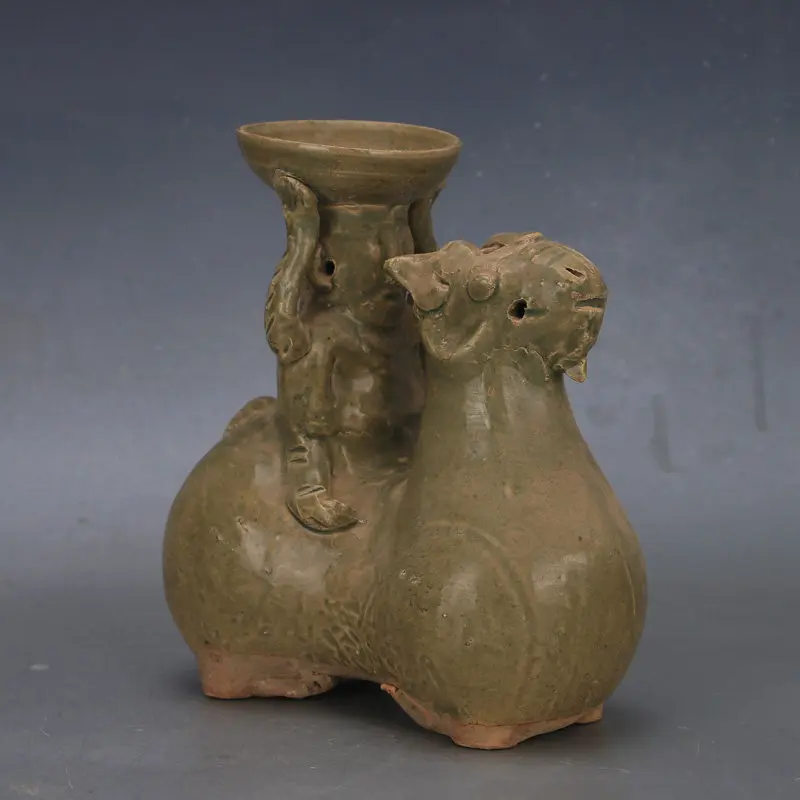 Western Jin Yue Kiln Celadon Kirin Figure Oil Lamp Candle Holder Antique Reproduction Porcelain Home Decor Collectible Gift