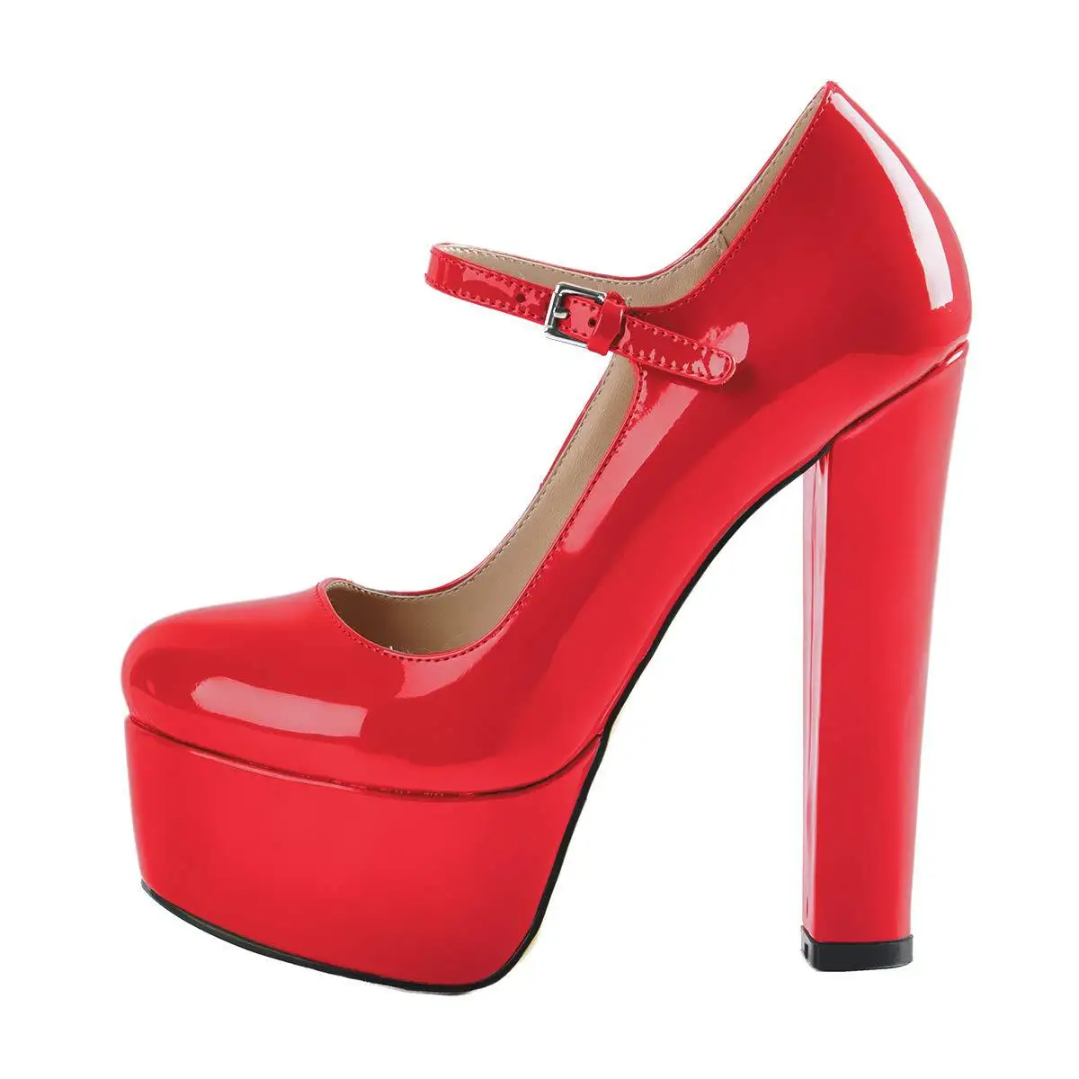 Women Patent Round Toe Platform Block Heel Mary Jane Pumps Ankle Strap Shoes Multi-color