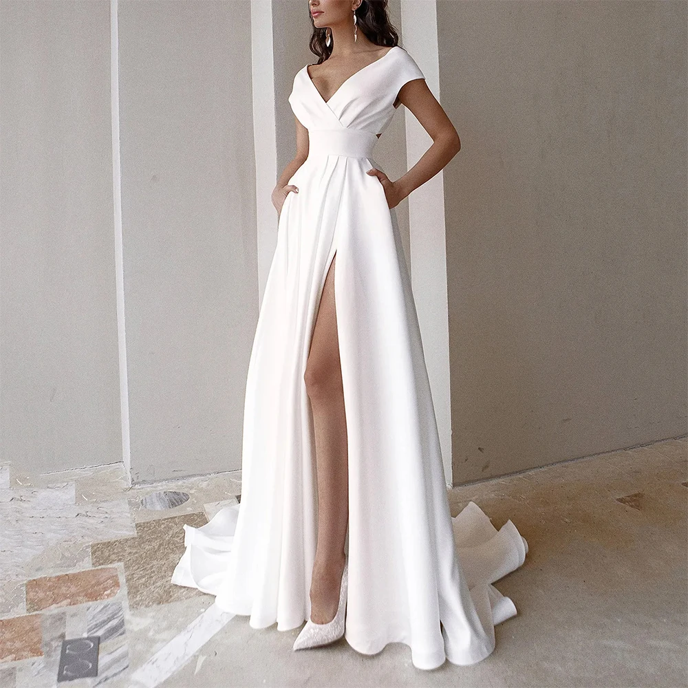 

Modern Jersey A-line Wedding Dresses with Pockets Pleats V-neck Side Slit Bridal Dress Cap Sleeves Button Back Vestidos De Novia