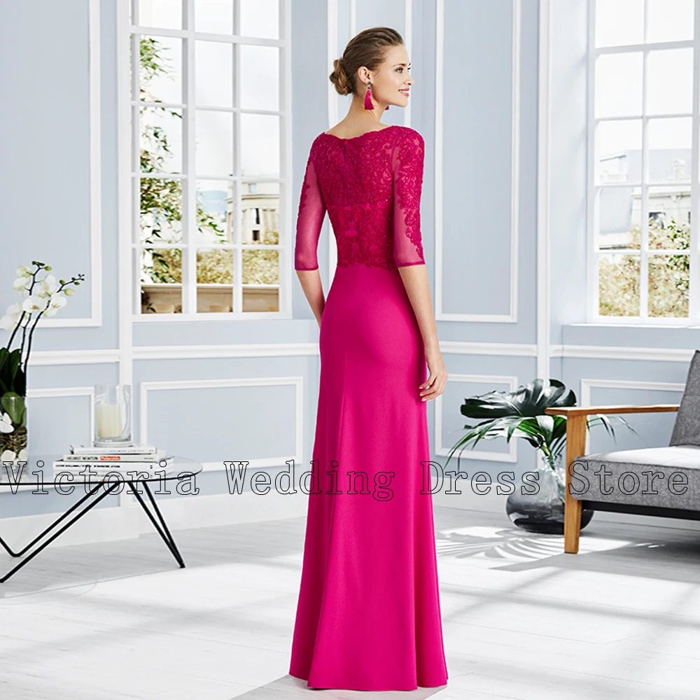 Heißer Rosa Mutter der Braut Kleider Jewel Neck 3/4 Ärmeln Hochzeit Party Kleider Appliques Bodenlangen Robe De Soirée femme