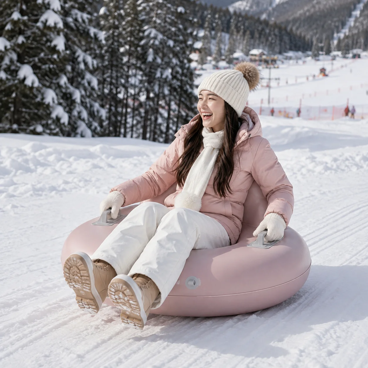 Automatic Inflatable Snow Tube 34.3in Winter Snow Sled with Backrest Handles Portable Skiing Tube for Outdoor Snow Play