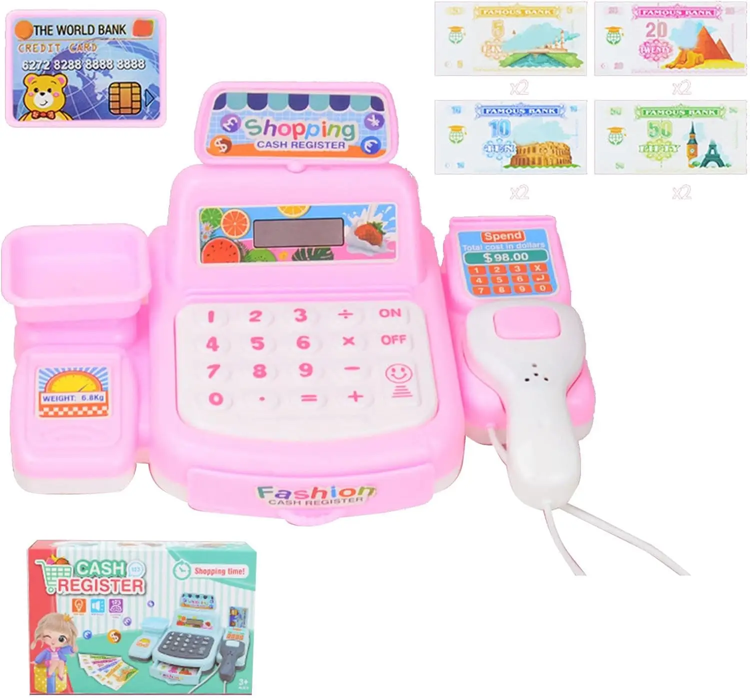 Registrierkasse-Spielzeug, elektronisches Registrierkasse-Spielzeug, Supermarkt-Registrierkasse mit funktionalem Scanner, Kreditkarten-Simulation, Geldspielzeug für Kinder