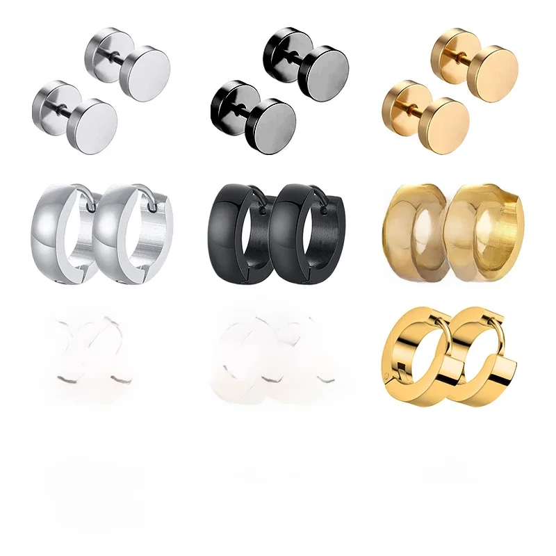 Boucles d'oreilles unisexes en acier inoxydable, 1 paire, plusieurs Types, couleur noir or, pour femmes et hommes, Punk gothique, Piercing, fausses boucles d'oreilles, bijoux