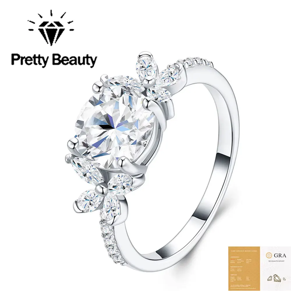 Pretty Beauty 925 Sterling Silber Blumen-Moissanit-Verlobungsring für Damen 2CT Diamant Blumen-Cluster-Design Zierlicher Schmuck
