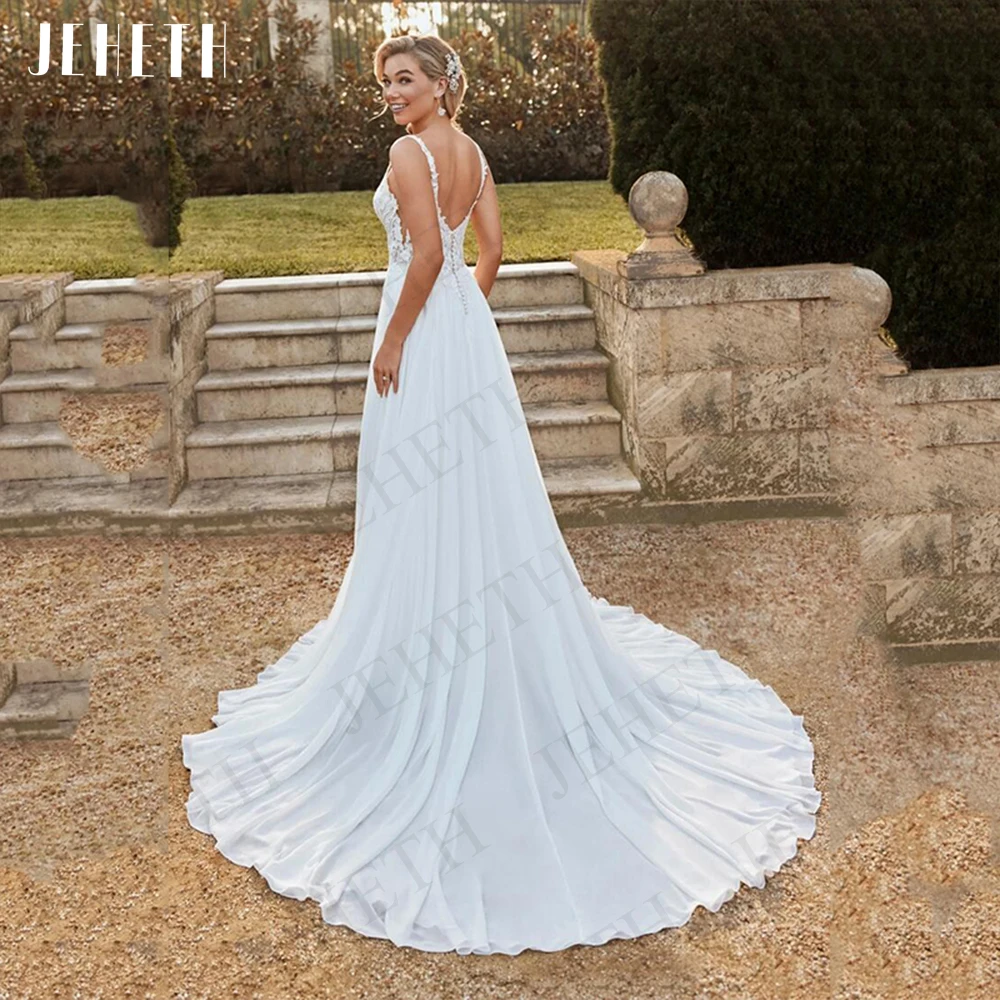 JEHETH Wedding Dresses Boho Beach Split Lace Elegant Chiffon Square Neck Backless Bridal Gown Women A Line Vestidos De Boda 2023