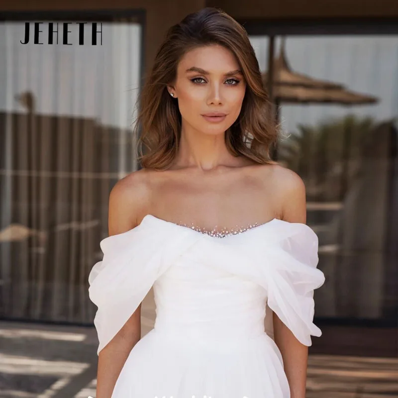 JEHETH Off der Schulter Brautkleider Sexy Backless Brautkleid High Split Strand Boho Brautkleider Elegante Prinzessin A-Linie  JEHETH Off der Schulter Brautkleider Sexy Backless Brautkleid High Split Strand Boho Brautk