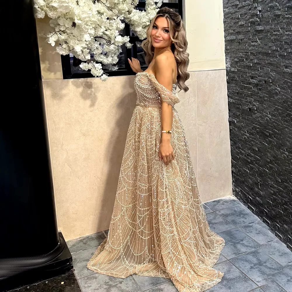 Sharon Said Luxuriöses Arabisches Perlenbesetztes Nude-Abendkleid für Dubai-Hochzeit, Schulterfrei, Übergröße, Formelle Partykleider SS676 Maßanfertigung – Detail 6