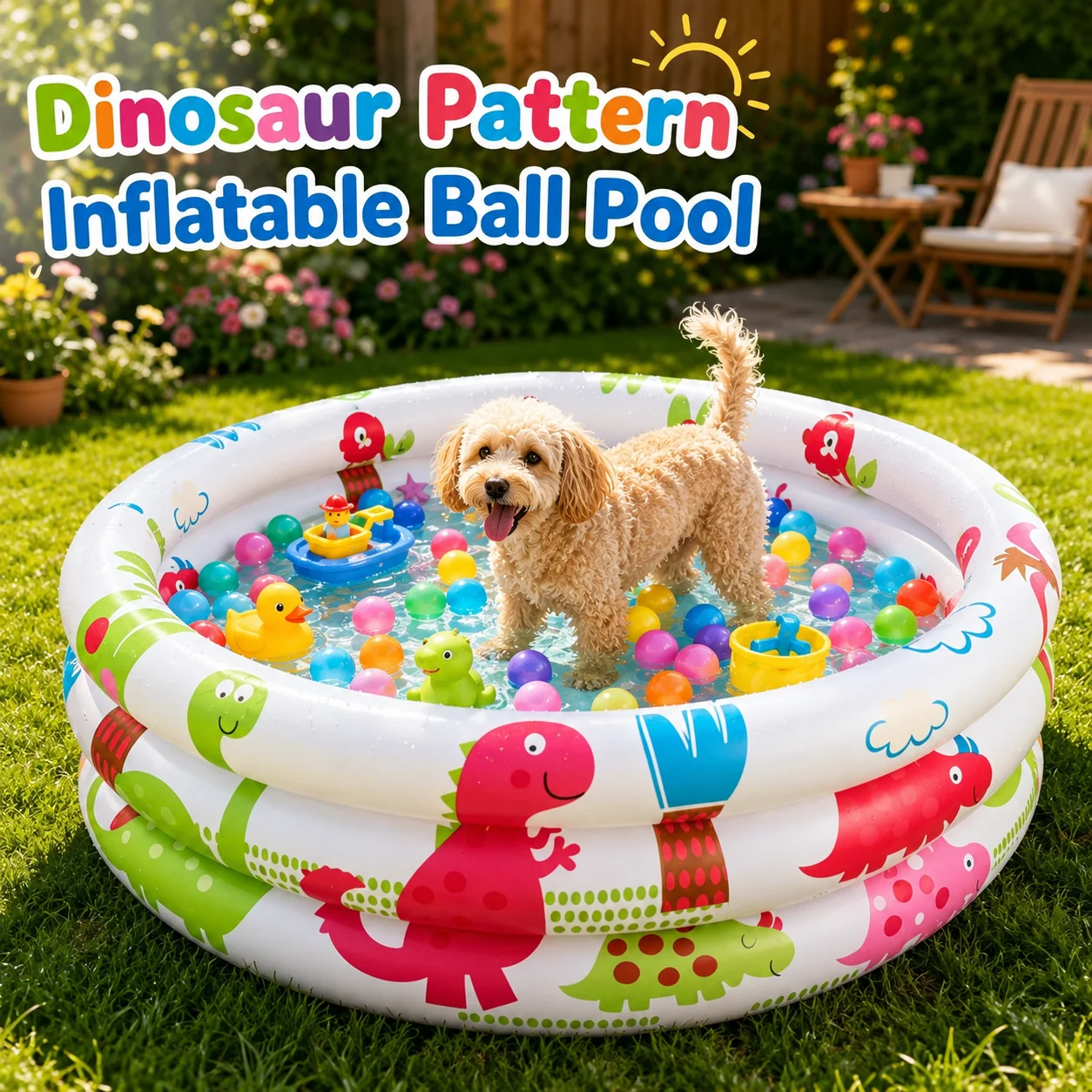1pc Inflatable Dinosaur Ball Pit Pool, 3-Ring Round Paddling Pool for Indoor Bathroom Outdoor Water Play