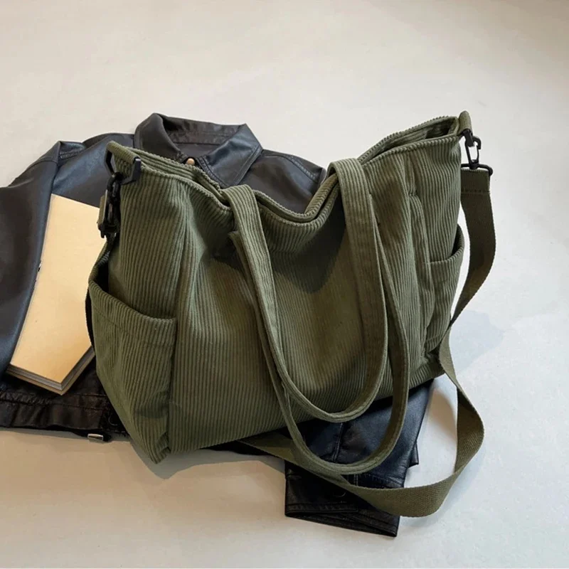 Damen-Einkaufstasche aus Cord, lässig, mit mehreren Taschen, verstellbarer Riemen, Umhängetasche, Umhängetasche mit Reißverschluss, Herbst- und Wintertasche
