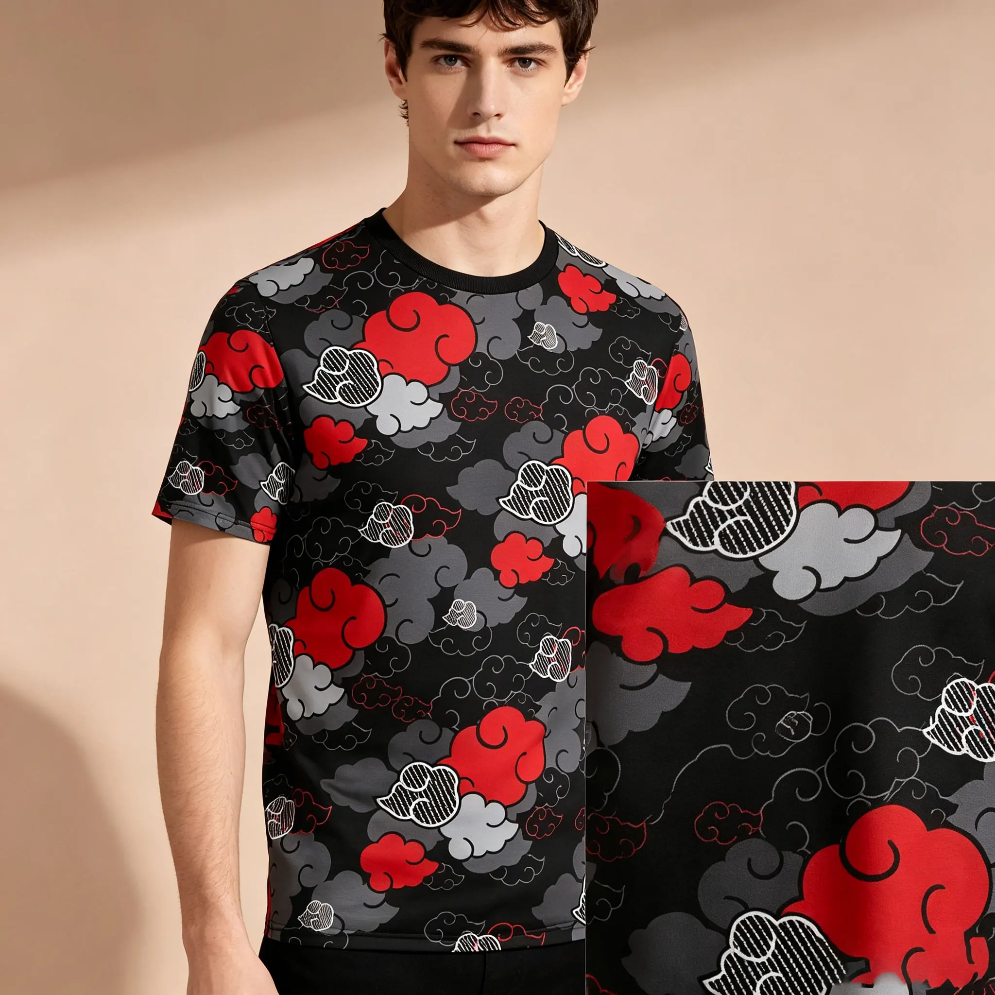 Herren Naruto Akatsuki Rote Wolke T-Shirt mit Volldruck, Atmungsaktiv Schnelltrocknend Rundhals Anime Streetwear Casual Sport Kurzarm