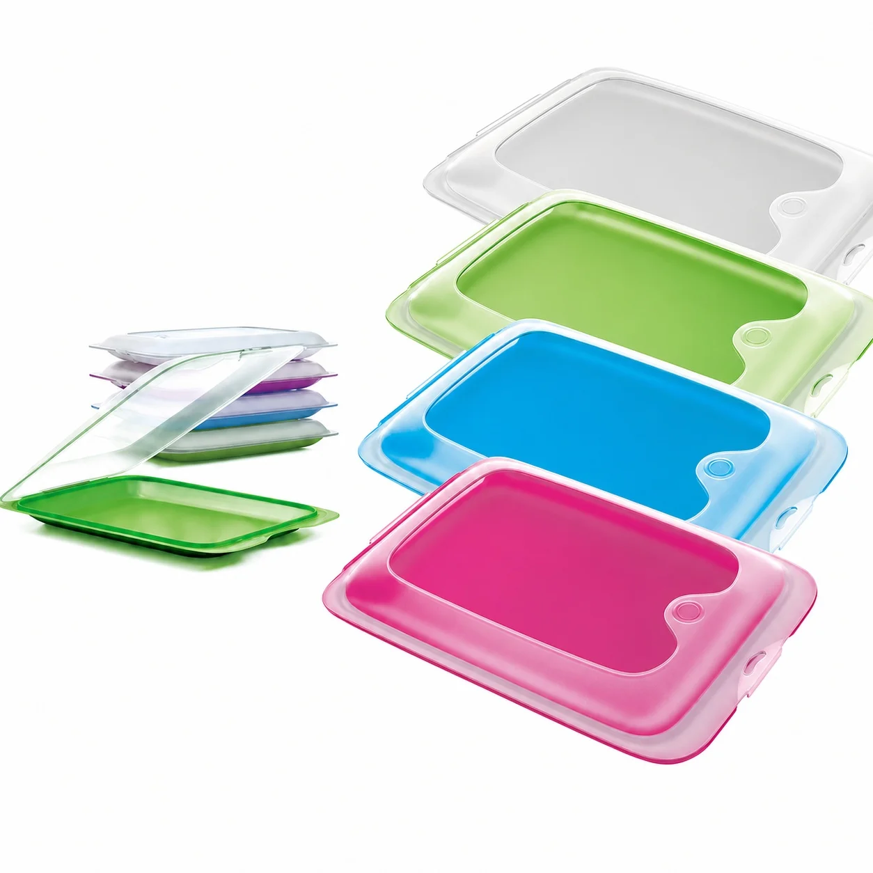 Set de 4 Bandejas de Conservación Alimenticia Reutilizables con Tapa Elástica Hermética, Recipiente Apilable Sin BPA para Carnes Verduras Sobras y Picnic, Medidas 19.3×14×1.5cm