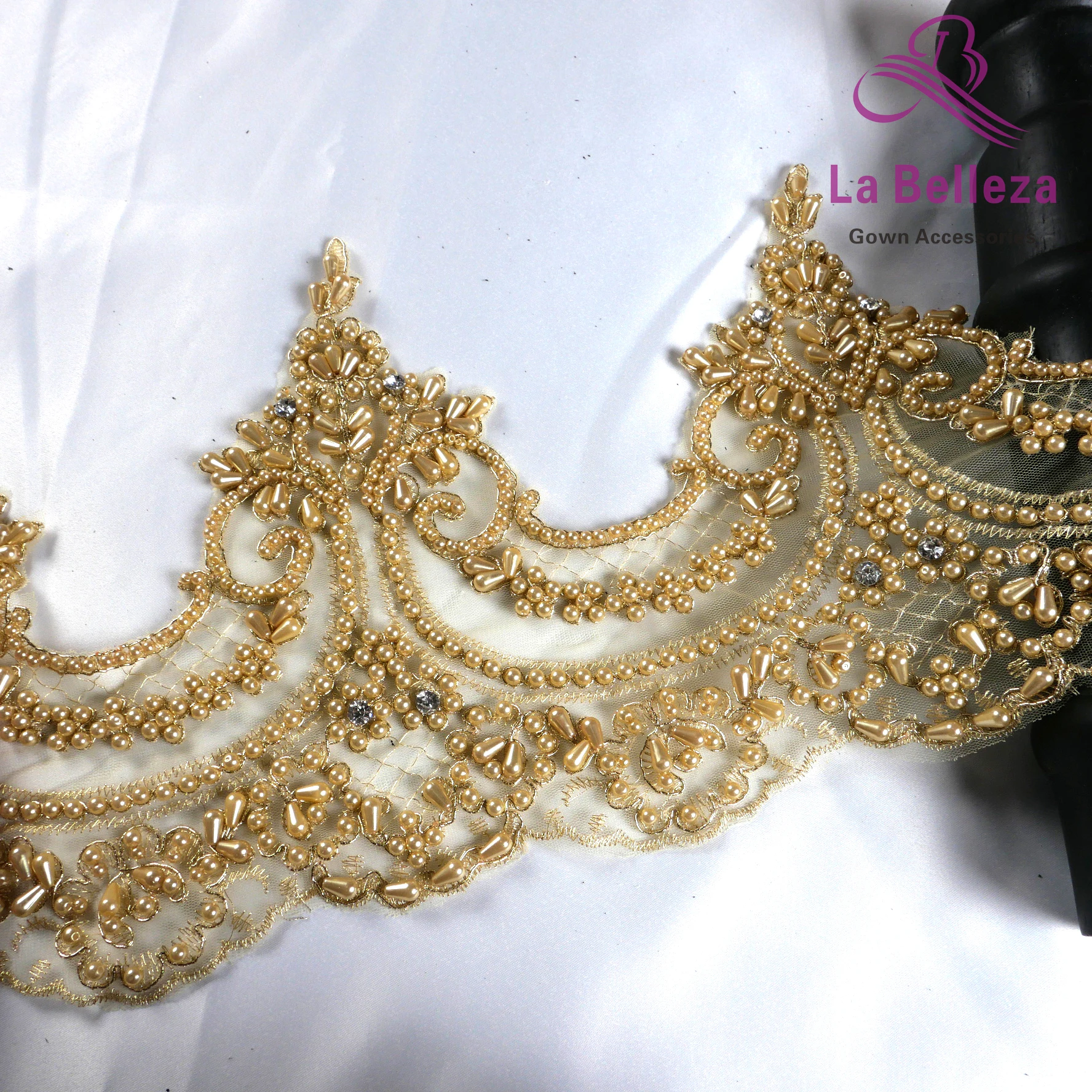 La Belleza 19cm width Gold hand beaded lacce ,Black lace, ivory handmade beaded lace trimming,gown lace,Bride veil lace 1 YARD