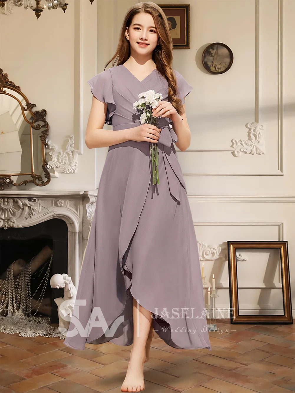 Элегантное шифоновое платье трапециевидной формы с v-образным вырезом для подружек невесты, асимметричное платье для свадебной вечеринки, платье с цветочным узором для девочек, официальное платье для особых случаев