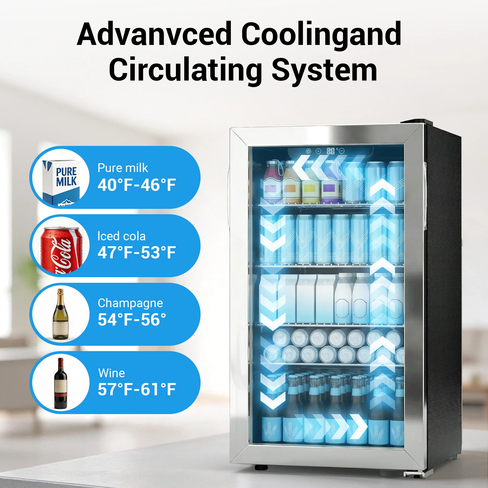 140 Can Mini Fridge with Glass Door for Soda Beer for Office, Bar Adjustable Removable ShelvesBeverage Refrigerator and Cooler,