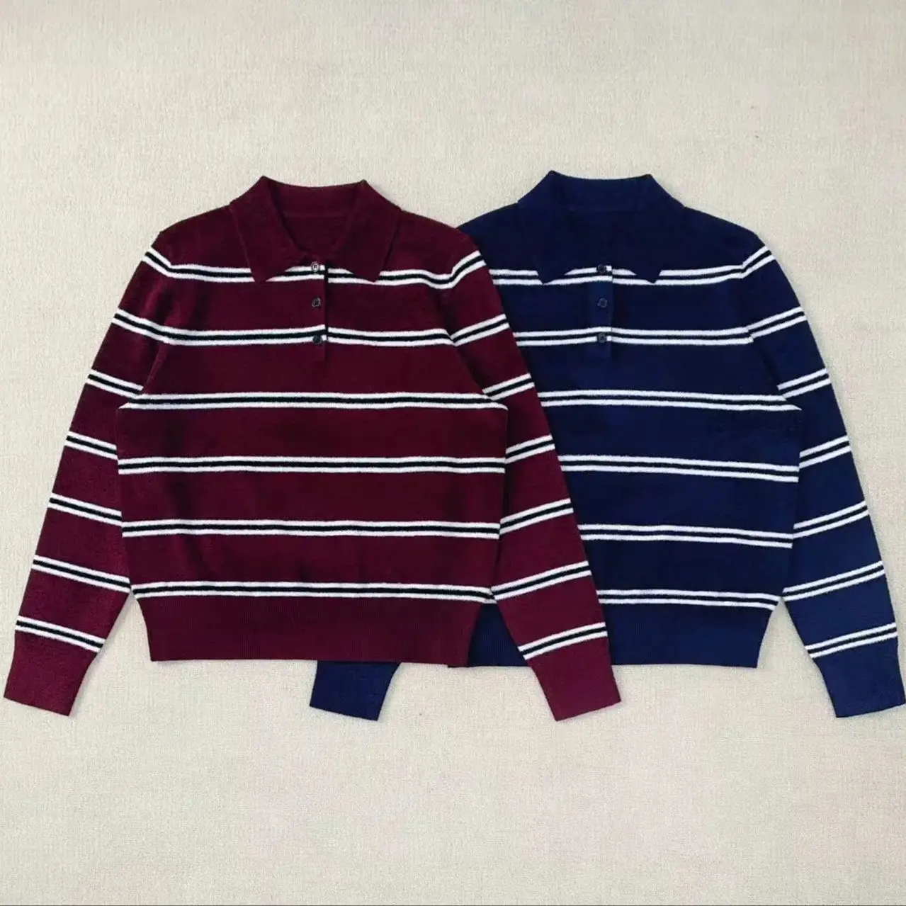 

Casual striped polo neck knitted long sleeve pullover