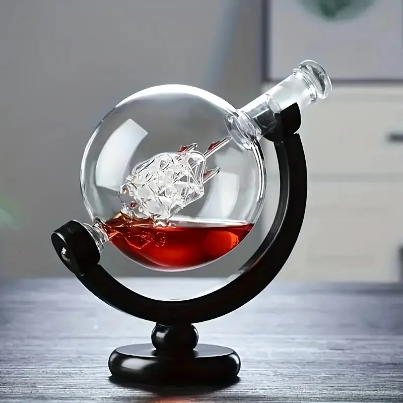 Men's Whiskey Decanter Set - Etched World Ball Design - Capacity 28 oz/850 ml, with Wooden Stand and 2 Glass - Men's Gift