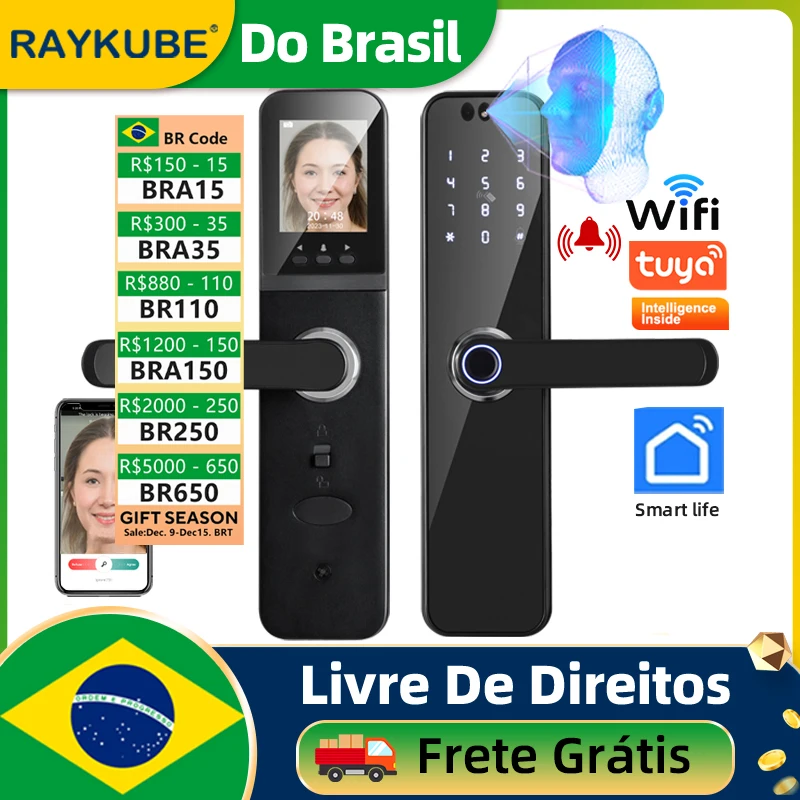 Fazer brasil raykube k12 tuya wifi câmera fechadura eletrônica 3d rosto impressão digital fechadura da porta inteligente com tela bateria