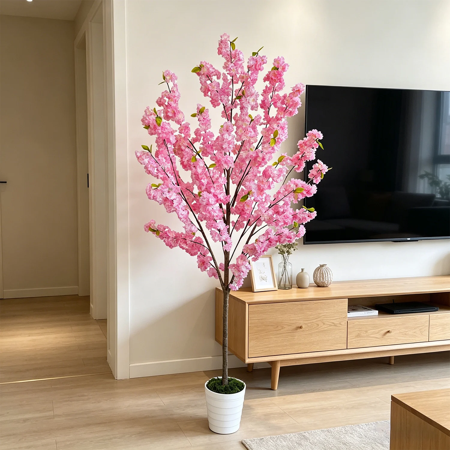1,59m-2,10m Künstlicher Rosa Kirschblütenbaum im Topf mit Blättern, Künstliche Sakura-Pflanze für Heim, Hochzeit, Innenraum, Wohnzimmer-Dekoration – Detail 2