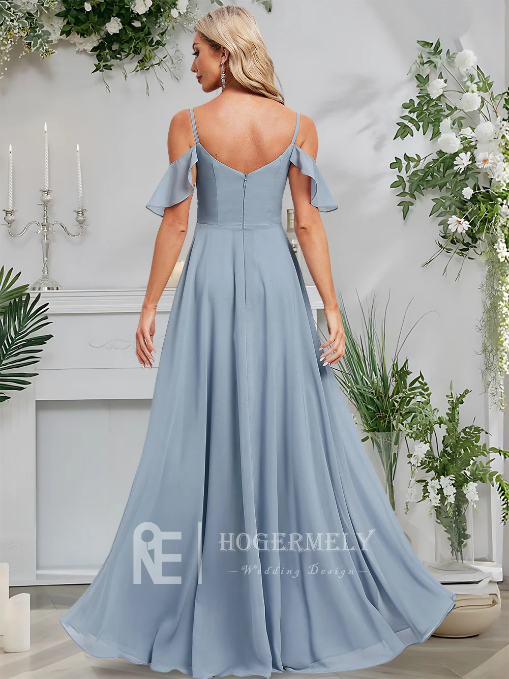 

XA Dusty Blue A-Line Cold Shoulder Floor-Length Chiffon Bridesmaid Dresses With Ruffles Wedding Party Guest Cocktail 2026