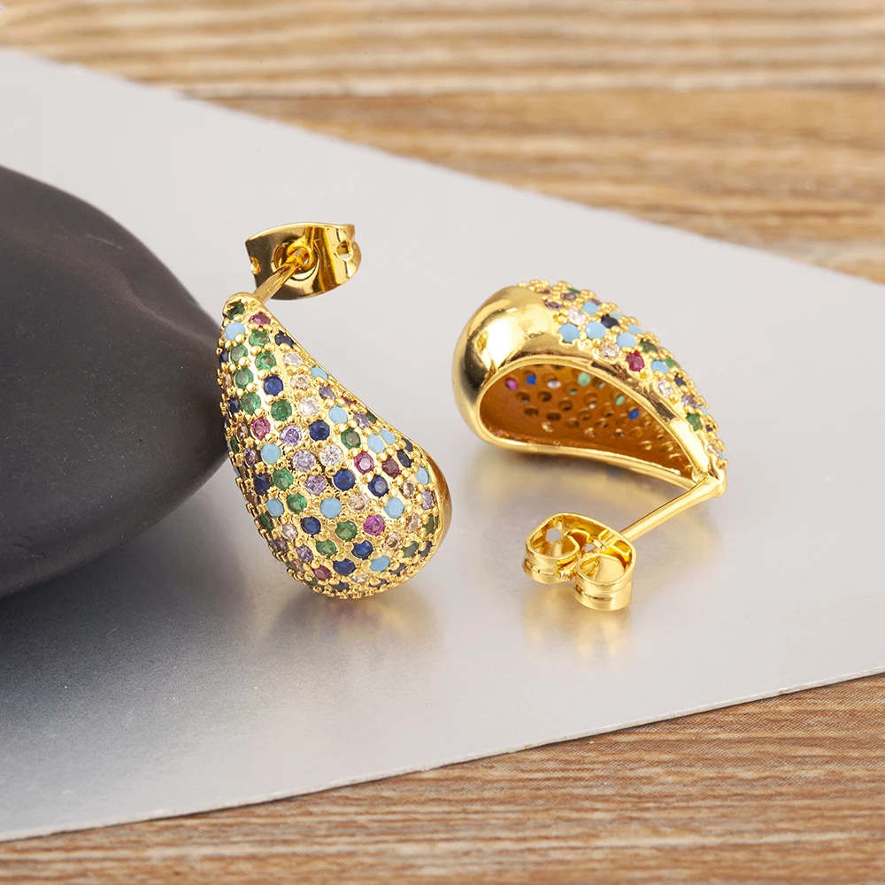 Nidin Hot Sale Original Design Waterdrop Shape Elegant Aesthetic Earrings For Women Pave Colorful Zircon Ear Jewelry Accessories
