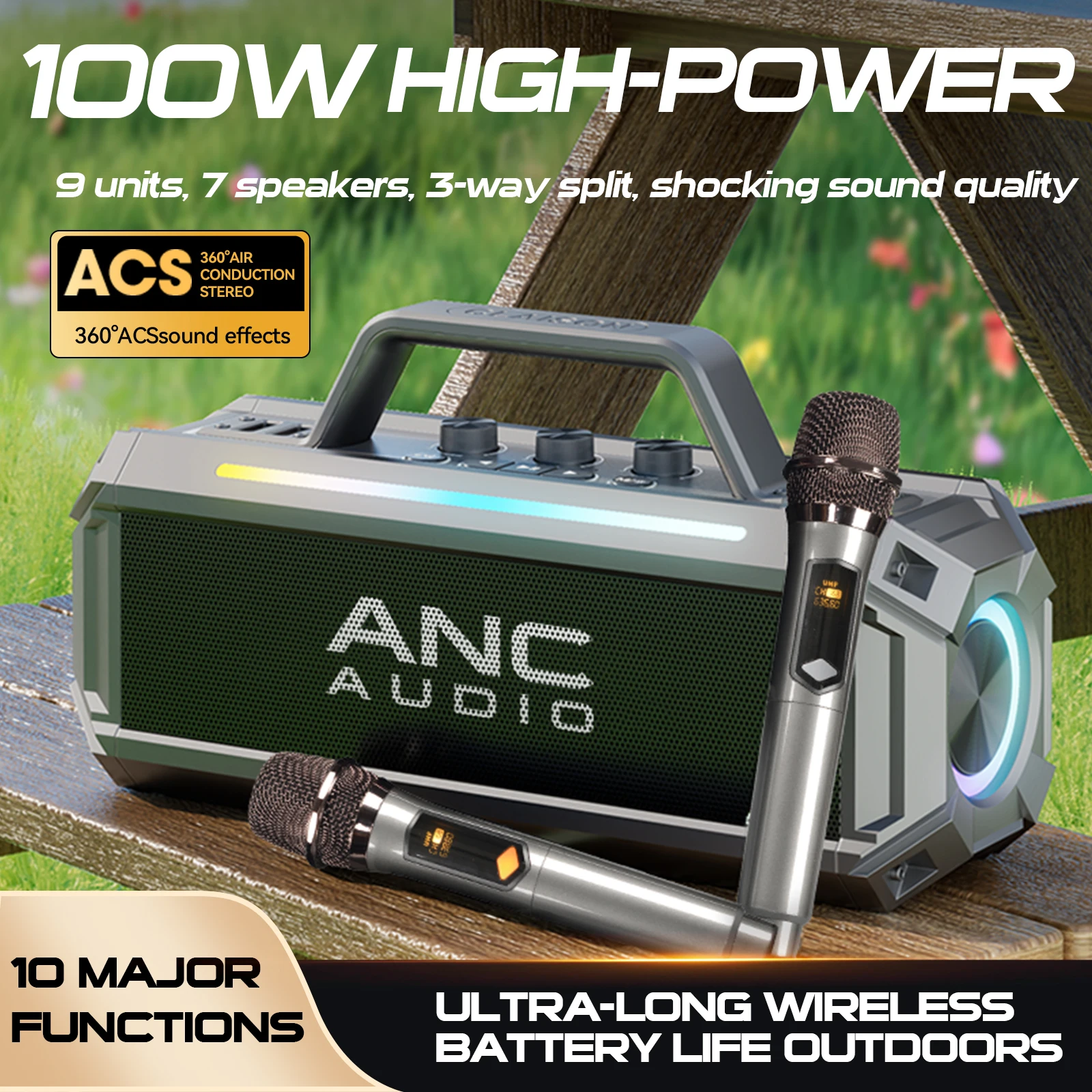 ANC 100W Bluetooth Speaker with 3 Way 7-speaker Built-in/dual wireless mic, Hi-Res Audio, Subwoofer, Instrument Input, 12 hours