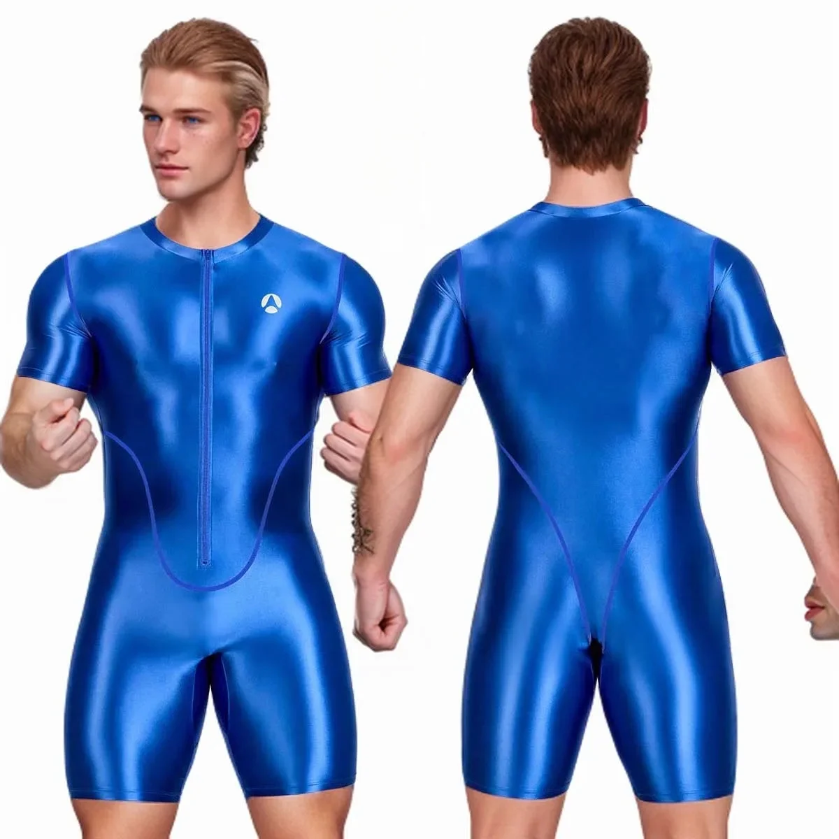 AliExpress NONE AMORESY Men Glitter Smooth Spandex Short Sleeve knee-length Bodybuilding Cycling Tracksuit Jumpsuit Bodysuit Jumpsuit Sweatsuit