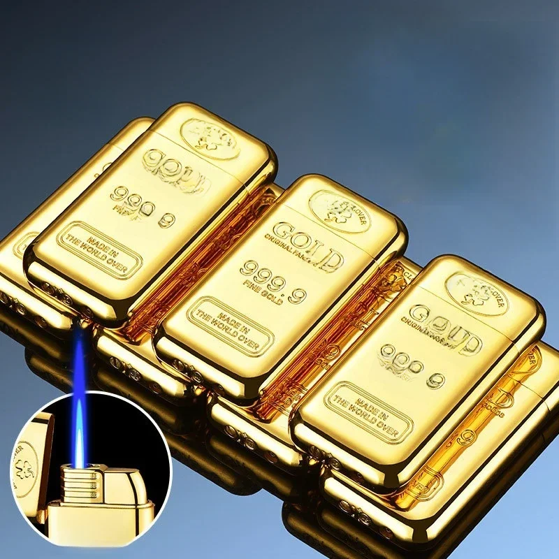 Métal créatif or brique coupe-vent Jet flamme bleue torche briquet à gaz petit et riche briquets à cigares portables fumer en gros