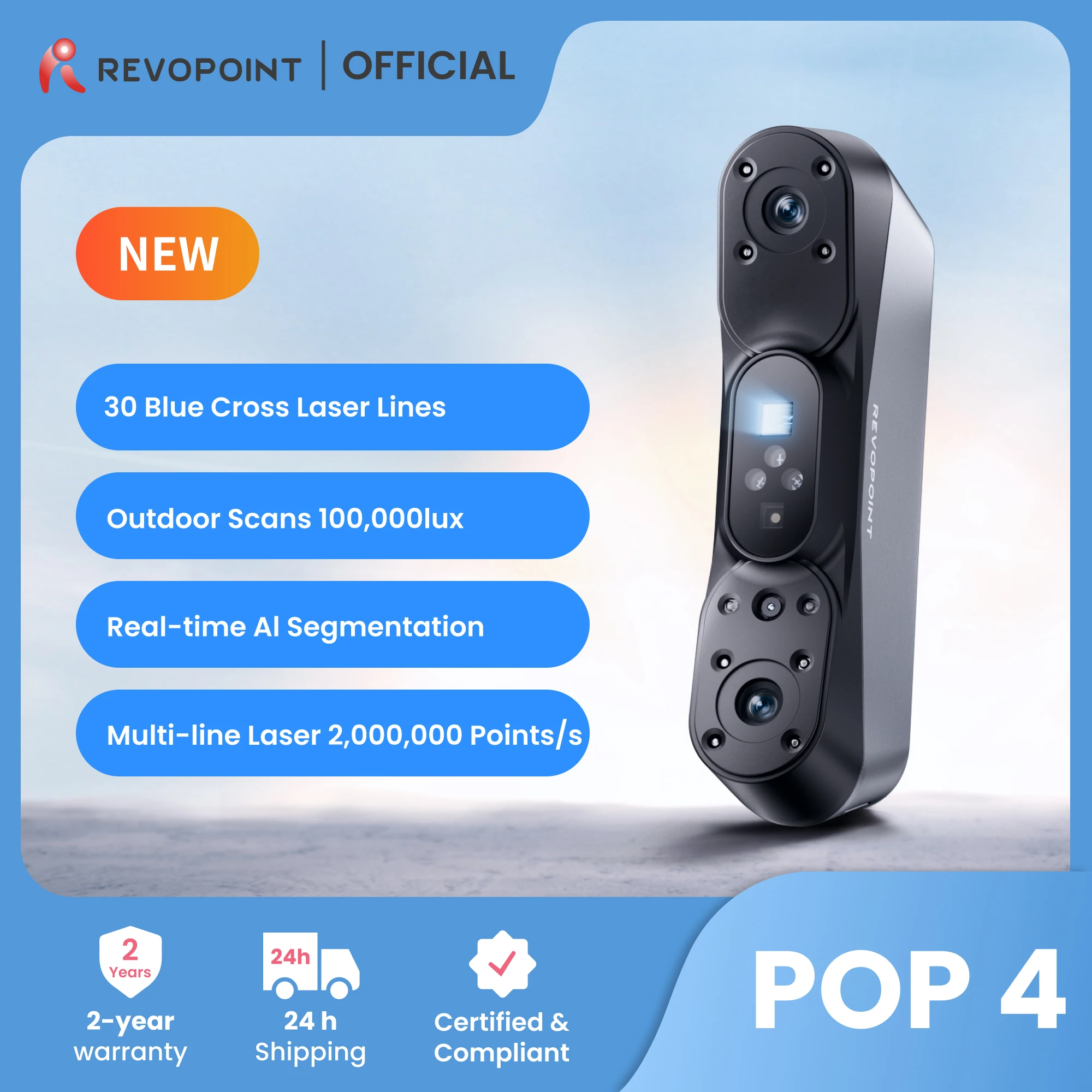 Outdoor Lighting Lux - Revopoint POP 4 3Dスキャナー、3Dプリント用、青色レーザー＆赤外線ライトスキャン、105fps、100,000ルクス、屋外対応ハンドヘルドワイヤレススキャナー