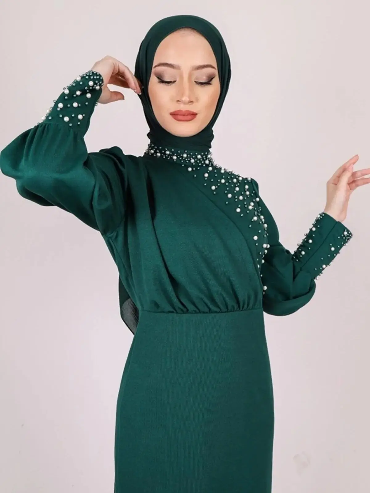 Pearl Detailed Special Occasion Dress,  Evening Dress Worship Islamic Fashion Women's Clothing Muslim Tunic Suit  Long Dress