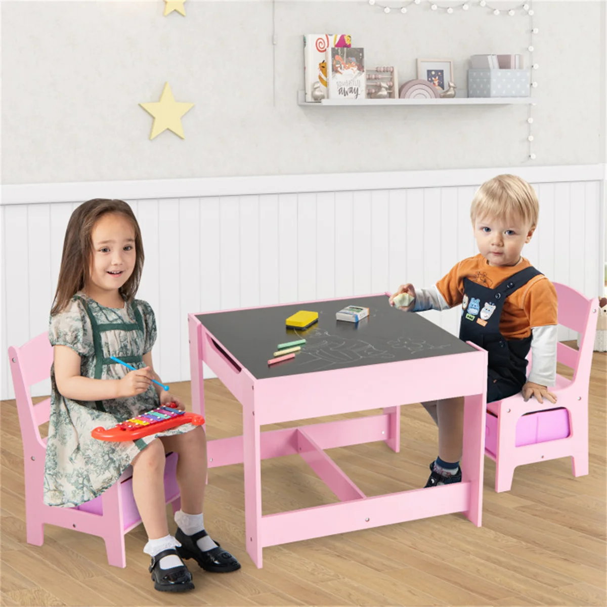 2-in-1 Kids Activity Table and Chairs Set, Double-Sided Whiteboard & Blackboard, with Hidden Storage, Certified Non-Toxic MDF, P