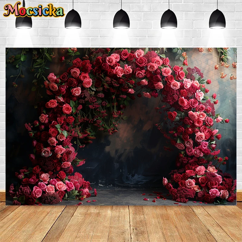 Mocsicka Photography Background Red Arch Romantic Rose Wedding Festival Celebration Adult Portrait Decor Backdrop Photo Studio