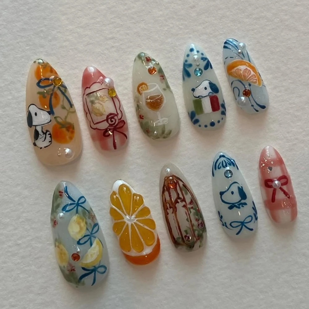 10 Stuks Pers Op Nagels Schattige Stijl Handgemaakte Hot Ins Y 2K 3d Medium Amandel Nep Nagels Herbruikbaar Volledige Dekking Kunst Diy Nagels