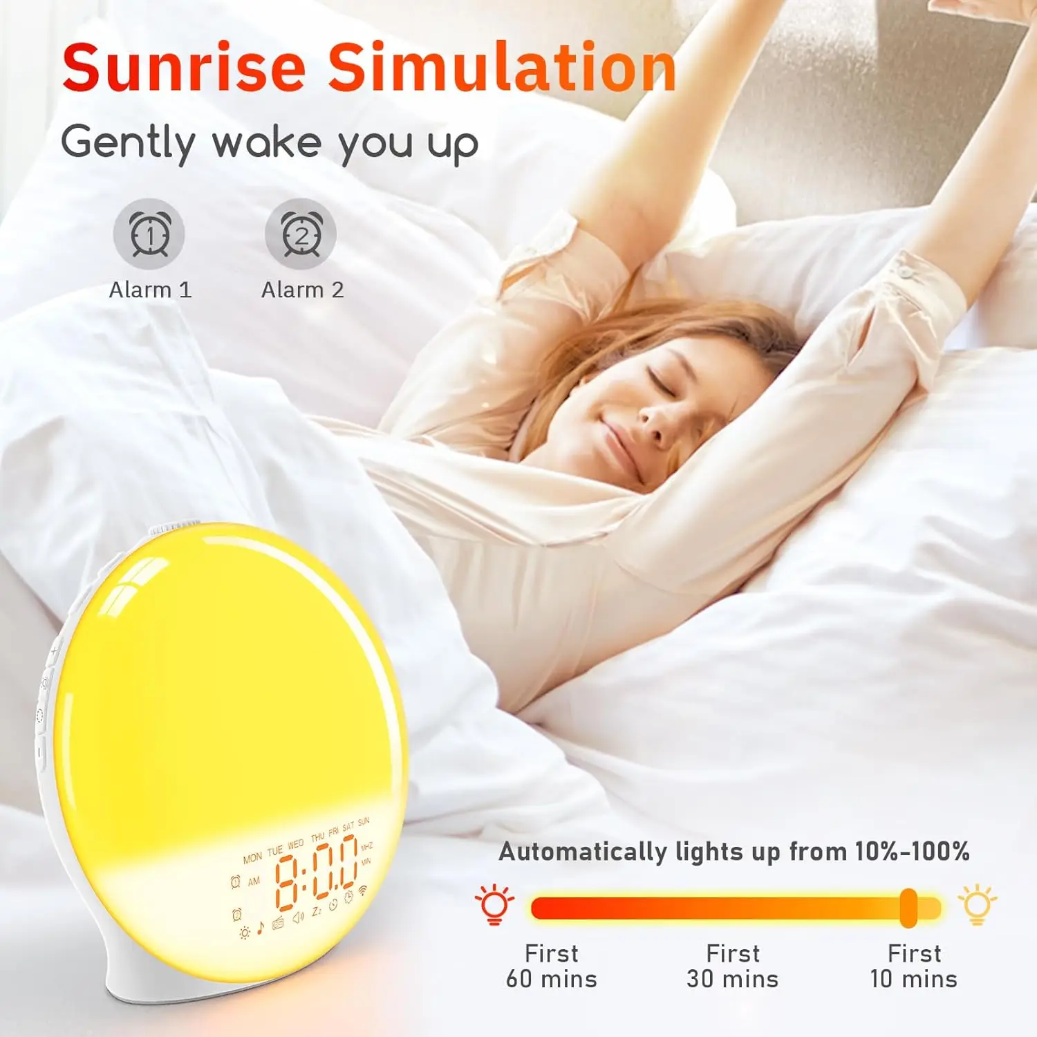 Sunrise Alarm Clock Wake Up Light for Bedroom Heavy Sleepers Adults Dual Alarms FM Radio Snooze 8 Nature Sounds  Night Light