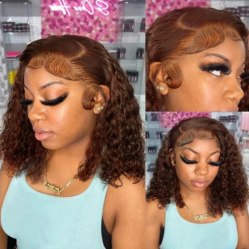 Imagen 2 del producto # 4 Marrón Chocolate 13x4 Peluca Bob de onda profunda Pelucas frontales de encaje Pelucas de cabello humano rizado Pre desplumado 100% cabello humano brasileño 16 pulgadas