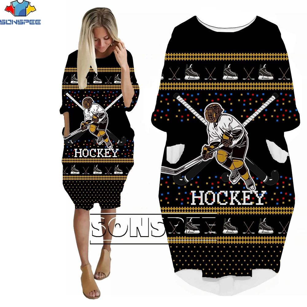 SONSPEE Ice Hockey Fitness Sports Women Long Sleeve Printed Pocket Loose Dress Casual Robe Women Hip Hop Homewear Streetwear