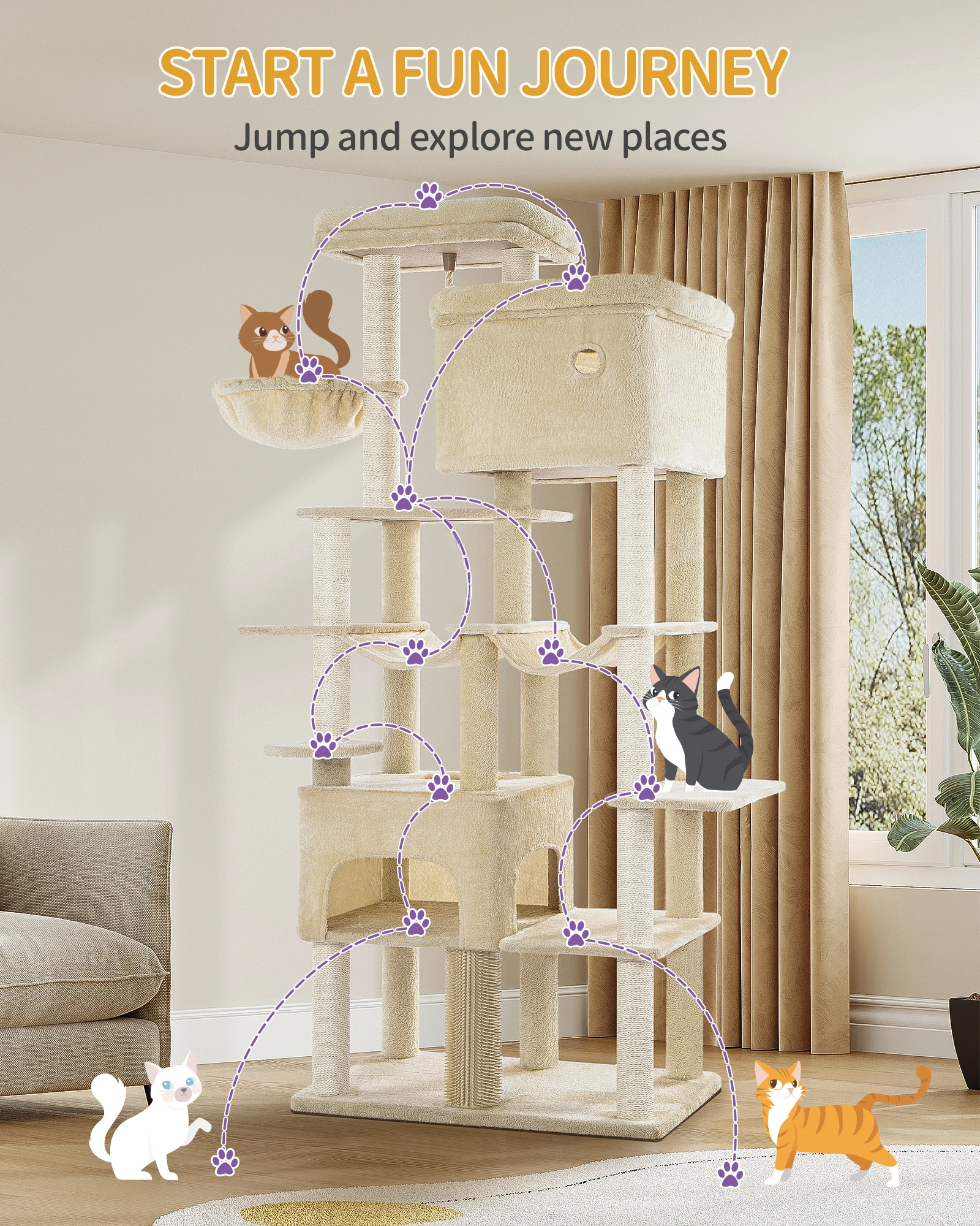 Arbre à chat XXL 200 cm avec 10 grattoirs, 2 grottes, 2 hamacs, grande plateforme, panier, pour Maine Coons, grands chats, beige