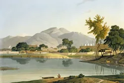 Nijeibabad oil paint Wallpaper, Décor panoramique Indian landscape wall Mural with an with river, mosque and mountains