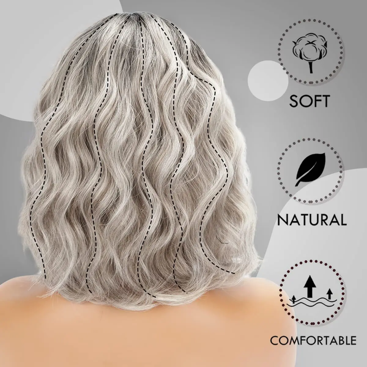 Short Wavy Bob Wig with Bangs Grey Wigs Natural Ombre Silver Wig Synthetic Hair Shoulder Length Short Curly Wigs for Women