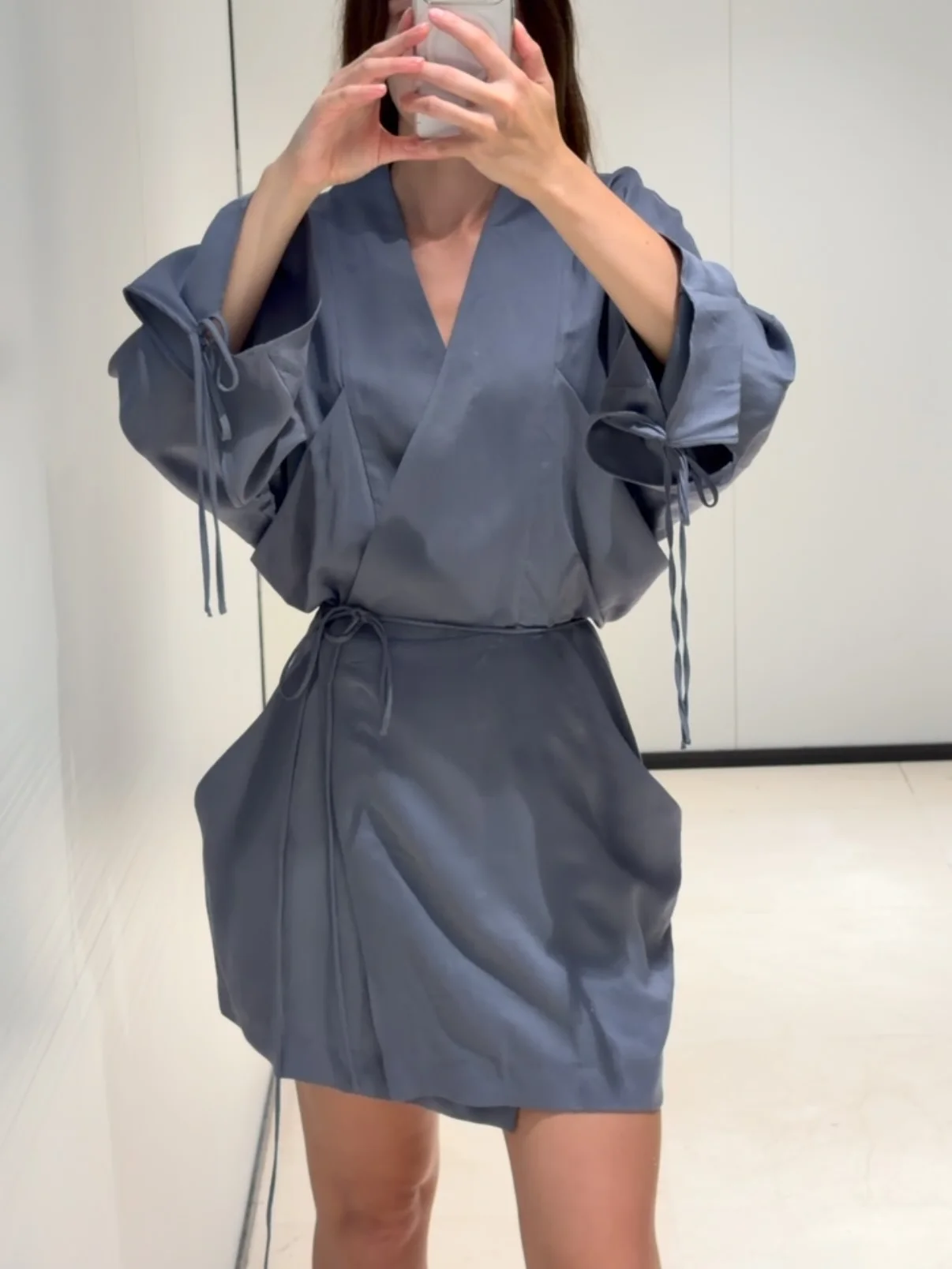 Women Grey Blue Wrap V Neck Dress Long Sleeve Drawstring Cuff Tie Waist Kimono Mini Dresses Big Pockets Elegant Casual Outfits