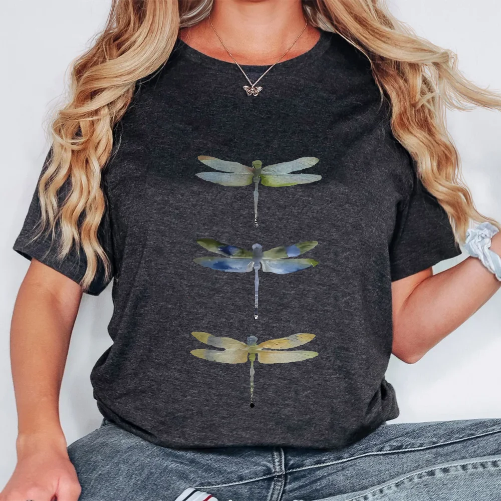 

Tee Soft for Summer Clothing Women's Breathable Dragonfly Graphic Short Sleeve Casual Print T-Shirt White Round Neck
