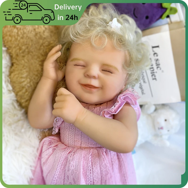 

Reborn Bebe 50cm Agnes Smiling Finished Doll Lifelike Realistic Soft Touch Curly Hair Vinyl Painted Sleeping Dolls Toy For Girls