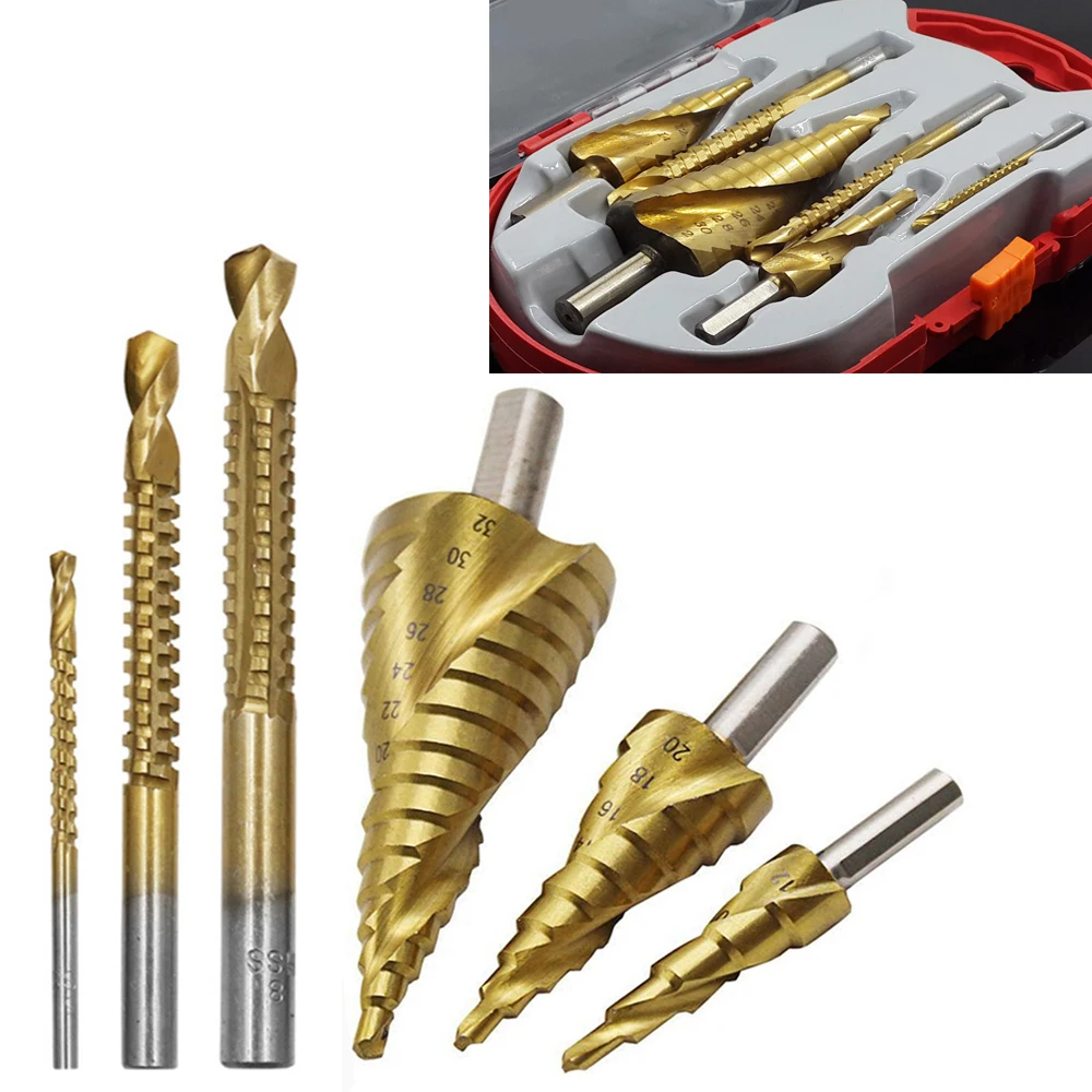 6Pcs HSS Set di punte per trapano a gradino in titanio 4-12/20/32mm taglierina per fori in metallo cono di legno nucleo di perforazione strumento per sega 3/6/8 trapano per sega