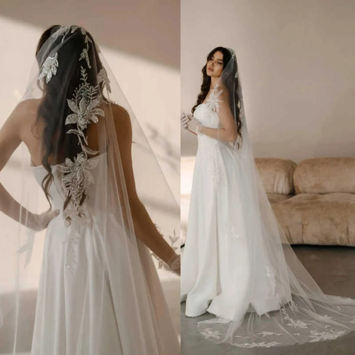 

Роскошная однослойная свадебная фата, фата в виде собора, фата из тюля, аппликация, свадебные аксессуары по индивидуальному заказу