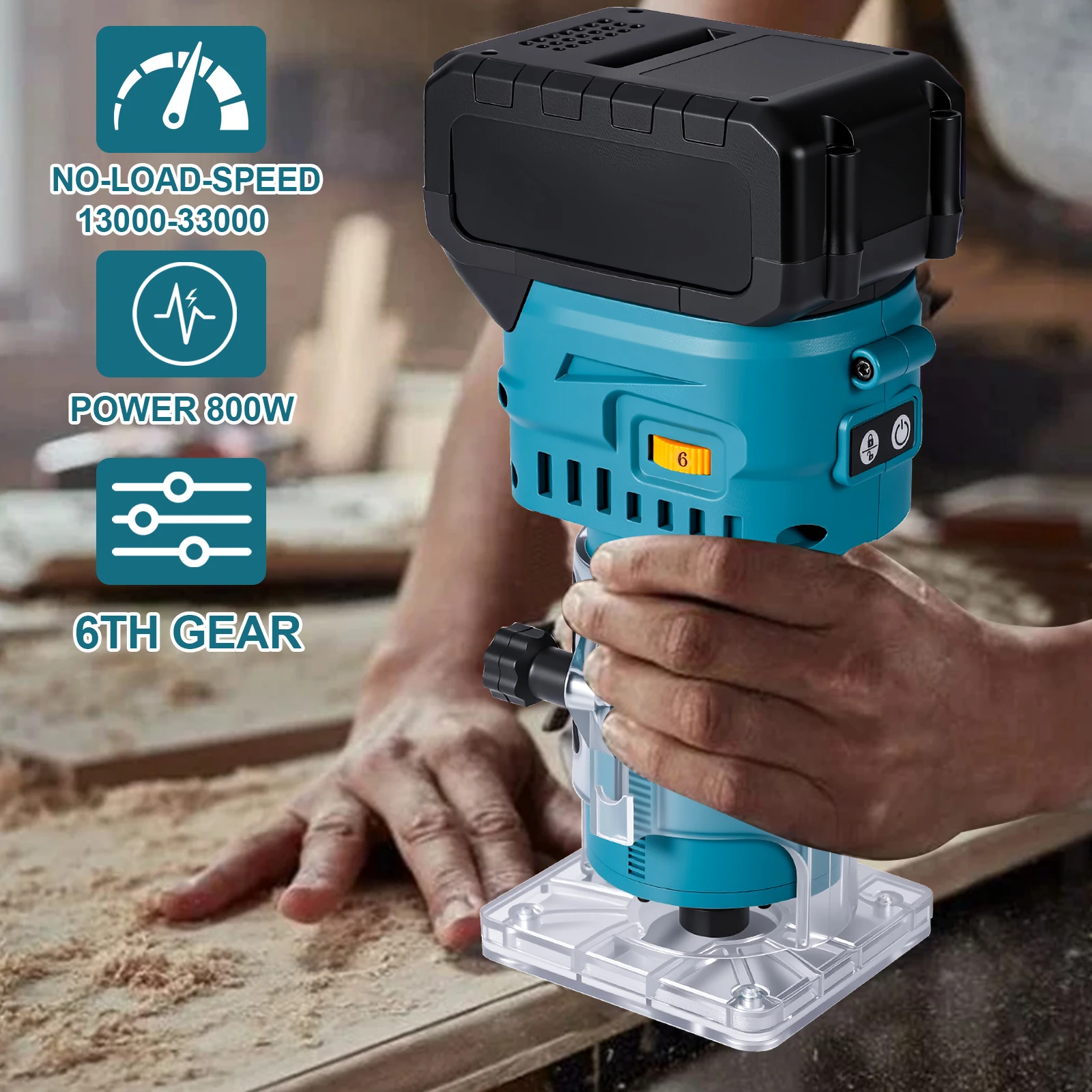 Bürstenloser 6-Gang-Holzfräser, Kabelloses Fräs-, Gravur- und Schlitzgerät, Holzbearbeitungs-Trimmfräsmaschine für Makita-Akkus – Detail 4