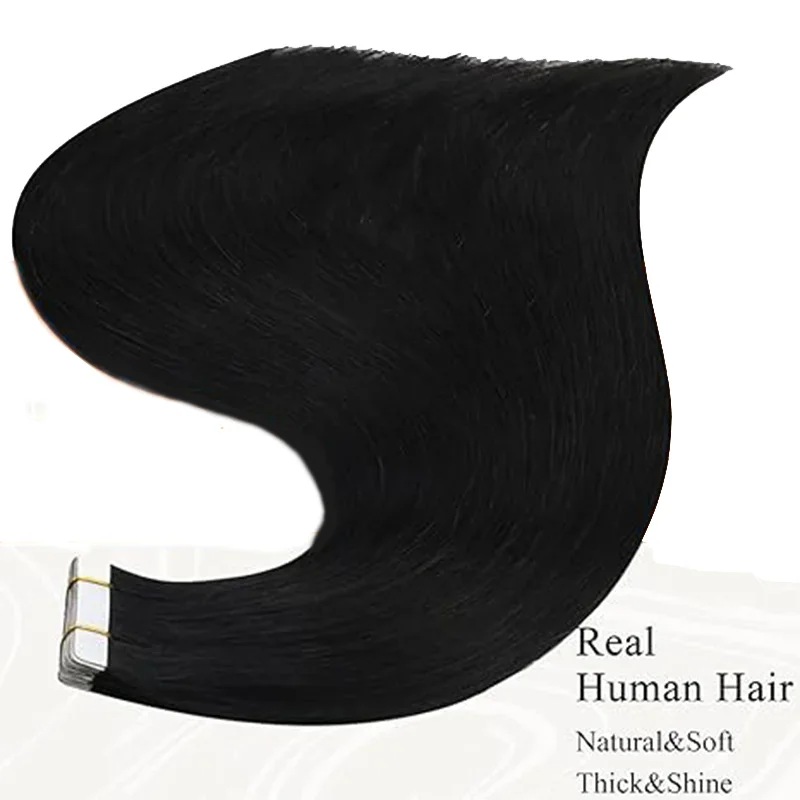 Fita de extensão do cabelo no cabelo humano, alisamento sedoso, extensões pretas, Ject Black, 20pcs, 50G