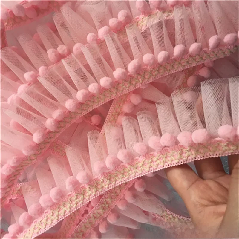 5CM Breite Doppel Schichten Mesh 3D Plissee Spitze Kragen Trim Gestickte Pompom Fringe Band Puppen