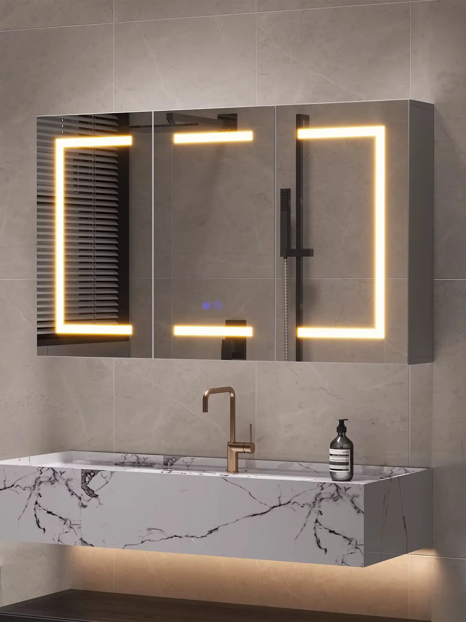LED bathroom mirror cabinet with anti-fog function, three-color lighting, European standard socket, adjustable shelves, and wall-mounted bathroom medicine cabinet